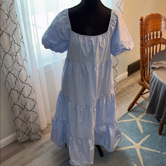 None Dresses & Skirts - Light Blue Puff Sleeve Tiered Midi Dress summer, beach, casual, feminine, blue